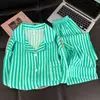 Pijama listrado estilo coreano transfronteiriço para mulheres, cardigã de manga longa para primavera e outono, conjunto de roupa de casa casual solta plus size para outono