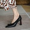 Zapatos de mujer de cuero completo por dentro y por fuera con tacón grueso, lazo cuadrado pequeño, boca baja, de piel de vaca, estilo coreano, tacones altos retro, zapatos para las cuatro estaciones