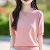 Tejido de punto para mujer, cuello redondo, manga corta, mezcla de Lyocell y Lino peinado, nuevo para verano, color liso, ajuste slim, top de punto