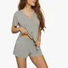 2025 Amazon Nuevo Transfronterizo Verano Manga Corta Pantalones Cortos Conjunto de Dos Piezas Pijama Sexy para Mujer Hebilla Holgado Ropa de Casa