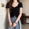 Camiseta Decote V Manga Curta 2025 Verão Novo Design Nicho Estilo Coreano Petite Top Curto com Clavícula Exposta Roupas Femininas