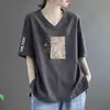 Camiseta Artística Slimming de Gola V com Manga Curta e Estampa Vintage de Leque para Mulheres - Comércio Exterior Transfronteiriço - Tendência Mãe