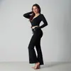 Conjunto de Calças Flare de Yoga Elásticas Slim-Fit de Malha de Algodão no Estilo Kardashian