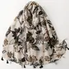Lenço Estampado Floral Preto e Branco Vintage Estilo Francês com Franjas, Versátil e Estiloso, Lenço Cachecol Fino com Toque de Seda de Algodão e Linho