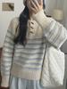 Suéter Pulóver con Botones de Cuerno Otoño e Invierno Nuevo Japonés y Coreano Transfronterizo Combinación de Colores a Rayas Suave Ceroso Casual Holgado Tejido de Punto para Mujer