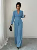 Traje casual de primavera y otoño para mujer europeo y americano, conjunto de dos piezas para dama con blazer largo de color liso con cuello en V y pantalones de pierna ancha