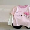 Camiseta de Manga Larga para Niñas de Primavera y Otoño, Ropa Elegante para Bebés, Marca de Moda Única para Niños, Camiseta Base de Dibujos Animados con Lazo, Aspecto de Dos Piezas