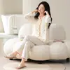 Pijama de cárdigan de algodón puro para mujer con copas en el pecho, nuevo estilo de primavera, se puede usar afuera, top casual de manga larga y pantalones largos, conjunto de ropa para el hogar para mujer