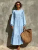 Cruzamento de fronteira europeu e americano 2026 Amazon Y2 feminino novo confortável e elegante cor sólida manga longa retalhos solto vestido longo