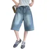 Foto Real de Pantalones Cortos de Mezclilla de Longitud Media, Shorts Casuales de Pierna Ancha Estilo Retro Americano, Shorts Rectos Sueltos Unisex de Verano, Algodón para Mujer