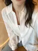 Mesmo Estilo da Qiao Mei! Camisa Listrada de Manga Longa para Mulheres, Camisa com Proteção Solar Levemente Transparente, Top Texturizado Relaxado