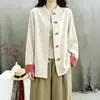 Jaqueta cardigã lisa estilo étnico retrô em blocos de cor com botões de algodão e linho, inspirada em Zen, para mulheres, vestido de chá estilo chinês, camisa solta
