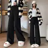 Nuevos pantalones de punto suaves versátiles negros para mujer, talla grande, de cintura alta, pantalones de pierna ancha fluidos, pantalones casuales de pierna recta con flecos