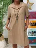 2026 Aliexpress Amazon Wish Cruzado Europeo y Americano Algodón y Lino Color Sólido Hombro Caído Manga Corta Bolsillo Vestido Casual