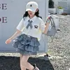 Conjunto de Uniforme Escolar Estilo Coreano para Niñas con Bordado de Cachorro, Conjunto de Dos Piezas con Top a Cuadros de Manga Corta de Verano y Falda con Volantes para Niños Mayores