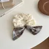 Goma para el pelo de cuadros marrón y azul estilo vintage de blogger para mujer, Lazo de alta gama para el pelo, Accesorio para el pelo atmosférico