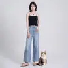 Calça jeans reta estilo coreano Yizhi para mulheres, calça longa de perna larga vintage lavada de cintura alta para outono, calça casual versátil para mulheres
