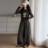 Conjunto de Primavera y Otoño para Niñas: Conjunto de Dos Piezas: Camisa de Cuello Redondo y Manga Larga y Pantalones de Pierna Ancha con Estampado de Leopardo, Moda Coreana Elegante, Holgados y Casual