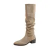 Botas altas retro de gamuza para mujer, nueva colección otoño 2026, botas de vaquero western, tacón grueso, punta fina, diseño plisado, efecto adelgazante