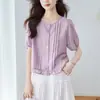 Camisa de Manga Corta de Tencel para Mujer, Nuevo Estilo de Verano, Cuello Redondo, Mangas Abullonadas Plisadas, Top con Volantes para Mujeres Petites