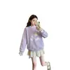 Moletom Redondo Bordado com Gato Doce Estilo Coreano para Mulheres, Outono e Inverno, Modelagem Solta Versátil, Design de Casal, Blusa de Manga Longa Patchwork