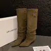 Comércio Exterior Transfronteiriço Elegante Botas Longas Pontudas Plissadas Salto Fino Fosco Slip-On Couro Bovino Versátil Acima do Joelho Femininas