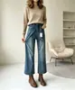 Jeans Rectos de Cintura Alta para Mujer, Adelgazantes y que Alargan las Piernas, con Bordes Anchos Bordados, Elásticos en Cuatro Direcciones, Adecuados para Tallas Pequeñas