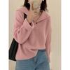 Suéter Gola Lapela Design de Veludo de Guaxinim Manga Raglã Feminino Outono e Inverno Popular Novo Estilo Preguiçoso e Gentil Tricô Grosso Cor Damasco