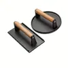 Placa de Hierro Fundido para Presionar Carne Mango de Madera Placa Larga para Presionar Carne Sin Recubrimiento Filete Redonda para Presionar Carne Prensa para Hamburguesas Fabricante de Planchas