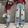 Pantalones Elegantes de Moda Dulces con Lazo Estilo Primavera y Otoño Nuevo Estilo Jeans de Mezclilla para Niñas Estilo Coreano Casual Sueltos de Pierna Ancha