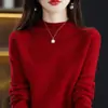 Suéter de lana para mujer transfronterizo con cuello semi-alto, corte ajustado, camiseta base de punto de cachemira sin costuras, top holgado de punto calado para otoño e invierno