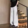 Calça cinza listrada com barra curva para homens, marca moderna de verão, calça de moletom three-stripe de secagem rápida, corte reto solto, calça casual versátil