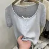 Top de Verano para Mujer Petite de Encaje Tejido de Manga Corta, Corto, de Botones Sencillos, Puro, Reductor de Edad