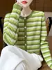 Cardigã 100% Lã Feminino Retrô Listrado Colorido Jaqueta de Tricô Outono e Inverno Suave Cera Estilo Preguiçoso Suéter para Redução de Idade Roupa Externa
