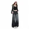 Calça Wide Leg Azul Profundo Retrô para Mulheres, Jeans Elegante Lavado Solto Emagrecedor, Calça Longa Cinza-Azul, Calça Cinza-Azul Extra Longa
