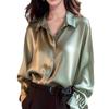 Camisa de Seda Simulada para Mujer 2025 Nuevo Estilo Hong Kong Color Puro Drapeado Único Verde Acetato Satén Camisa
