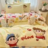 Juego de Ropa de Cama de Cuatro Piezas Bordado de Dibujos Animados Clase A, Sábana de Algodón Puro, Funda de Edredón, Funda de Colcha para Dormitorio, Juego de Tres Piezas, Sábana Ajustable 4