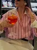 Camisa versátil de moda casual vintage al por mayor de comercio exterior europeo y americano con puños a rayas y colores contrastantes