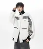 Chaqueta de Rayas con Bloques de Color Retro Americana para Hombres y Mujeres, Nuevo Abrigo con Cuello Alto Estiloso High Street de Otoño e Invierno