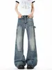 Calça jeans de lenhador com botões estilo rua americano para mulheres e homens, vibe outonal, calça de trabalho microflare lavada, calça wide leg desgastada