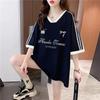 Estilo Americano Retrô Contraste de Cores Moda Costura Solta Camiseta de Manga Curta Verão para Meninas Top Oversize Casual de Meia Manga