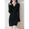 Vestido Suéter Elegante Slim de Punto con Cuello en V y Manga Acampanada Otoño e Invierno Nuevo Largo Medio Color Puro Transfronterizo para Fondo