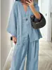 Conjunto casual transfronterizo europeo y americano, color liso, estilo relajado, textura arrugada, cárdigan holgado, pantalones de pierna ancha de cintura alta, conjunto de dos piezas para mujer