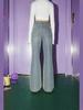 Retro-wear Novo Estilo Americano Retro Micro-boca Calça Jeans Cintura Alta Emagrecedora Lavagem à Água Azul Bolso Calça com Strass Quente para Mulheres