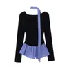 Algodão Modal Nicho Falso Duas Peças Ombro Xadrez Costura Manga Longa Camiseta Feminina Primavera e Outono Slim Fit Tops Slim Tendência