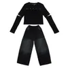 Conjunto de dos piezas para niña con pedrería, nuevo estilo primavera/otoño, detalle completo de pedrería en frente y espalda, pantalones de pierna ancha a la moda, atuendo de moda para street dance