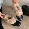Atacado em Estoque ~ Sapatos Casuais Quadrados de Salto Grosso Peludos Moda Inverno Pelúcia Pequenos Sapatos de Couro Mocassins