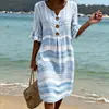 2026 Nuevo Vestido Largo Rayado de Cuello en V con Volantes y Botones Transfronterizo, Vestido Casual de Moda para Viaje Diario para Mujer, Estilo Verano