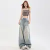 Jeans Anchos Lavados Vintage para Mujer Otoño 2025 Nuevo Estilo Americano Cintura Alta Sueltos Caídos Pierna Recta de Longitud Completa