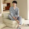 Pijama para hombre, estilo primavera y otoño, algodón puro, manga larga, pantalón largo, cuello de solapa, cárdigan, simple y casual, se puede usar afuera, conjunto de ropa para el hogar